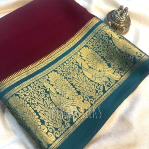 Maroon and teal green Pure Crepe Mysore Silk Saree-Mayuri