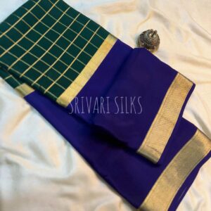 Center Checks 2D Navy Blue- Green Pure Crepe Mysore Silk Saree