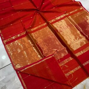 Red-orange Zari line Butta Maheshwari Silk Cotton Saree