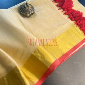 Mulcotton plain saree- Cream and Red